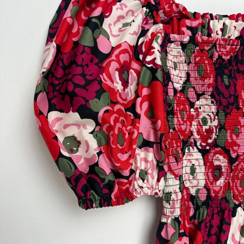 Kate Spade Rosette Blooms Puff Sleeve Smocked Floral Top Red Pink XS